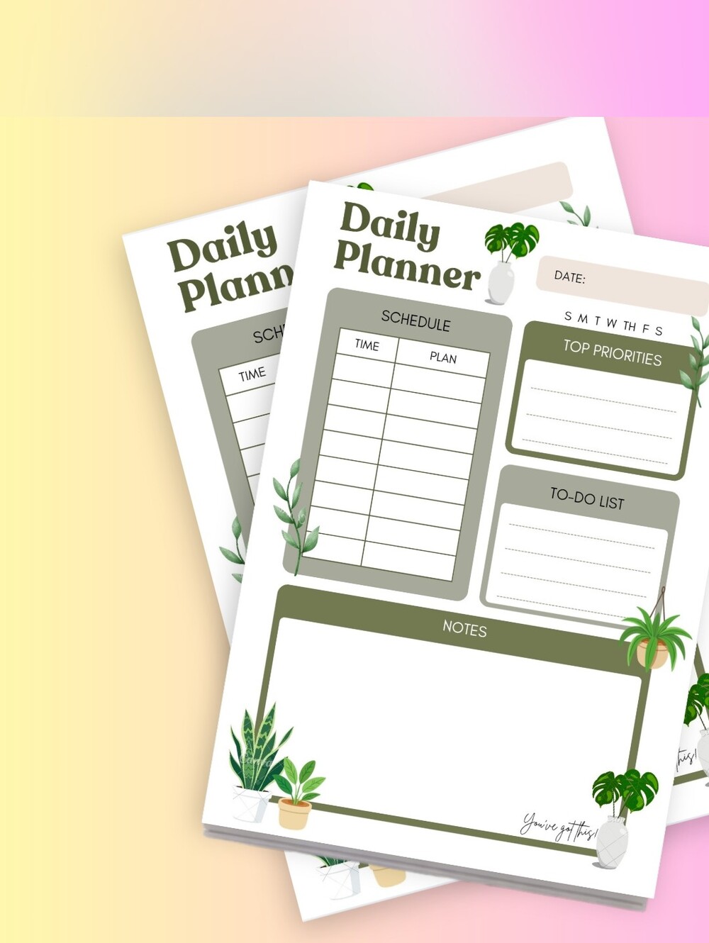 Daily Planner Notepad - Green Plant Design